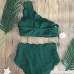 BBesty Swimwear for Women Two-Piece Vintage Solid Color High Waisted Scalloped One Shoulder Bikini Swimsuit Green B07PXY8KVZ